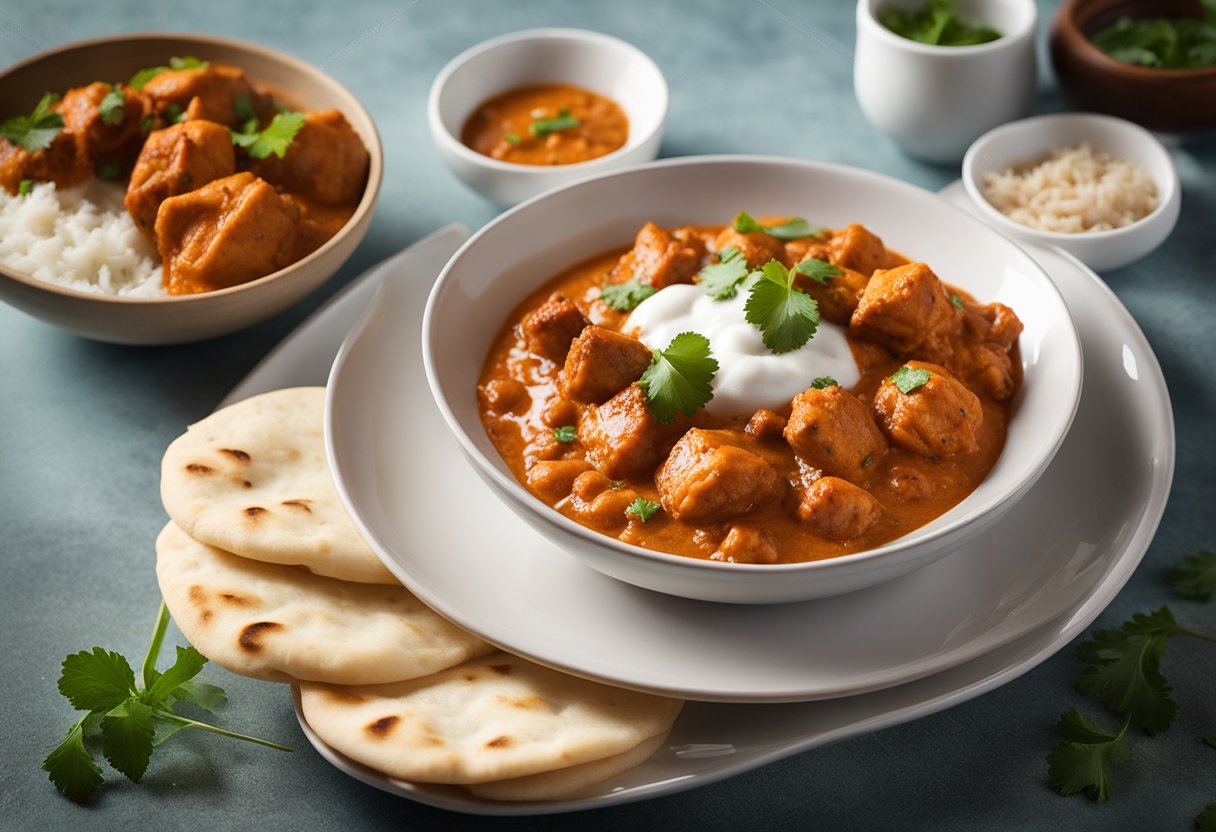 A plate of chicken tikka masala with a side of rice and naan bread, accompanied by a small bowl of yogurt sauce