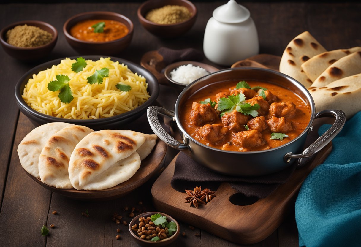 A steaming bowl of chicken tikka masala with vibrant red sauce and fragrant spices, surrounded by naan bread and rice