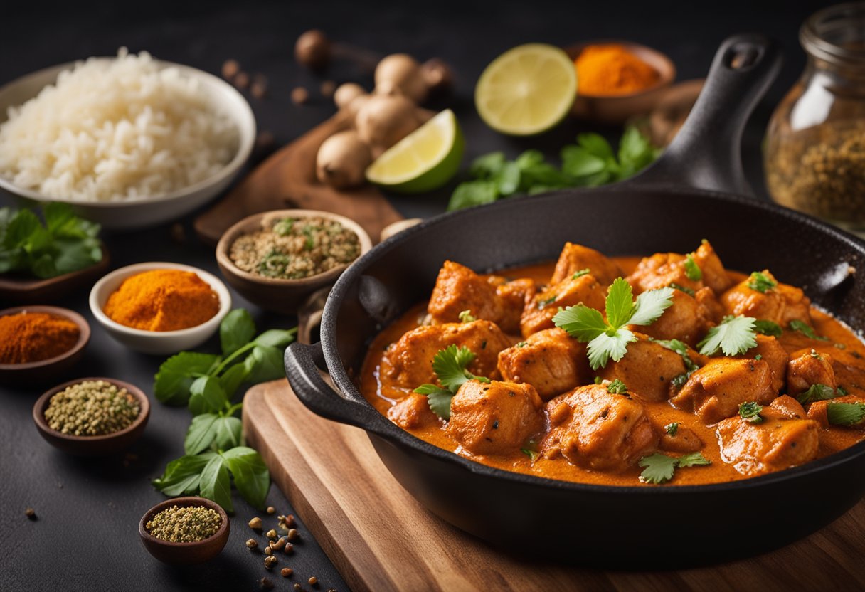 A sizzling skillet of chicken tikka masala, surrounded by fragrant spices and herbs, emanating the rich aroma of Indian cuisine