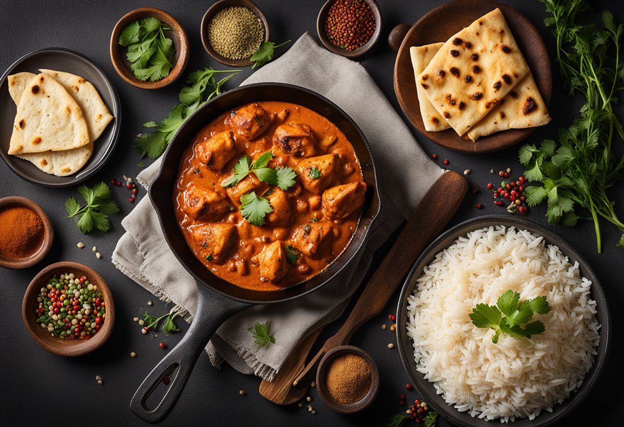 A sizzling skillet of chicken tikka masala surrounded by vibrant spices and herbs, with a side of fluffy basmati rice and warm, pillowy naan bread