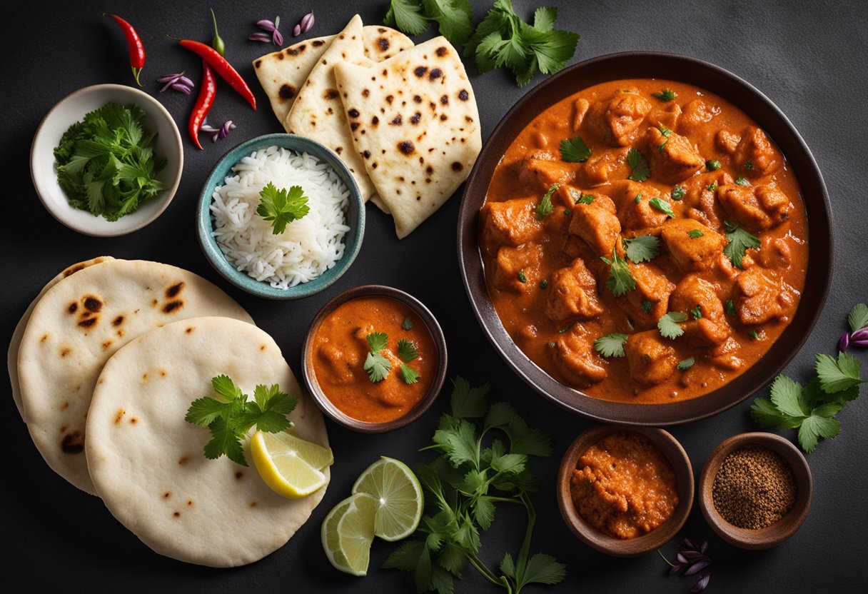 A plate of steaming chicken tikka masala with a side of rice and naan bread, surrounded by colorful spices and herbs