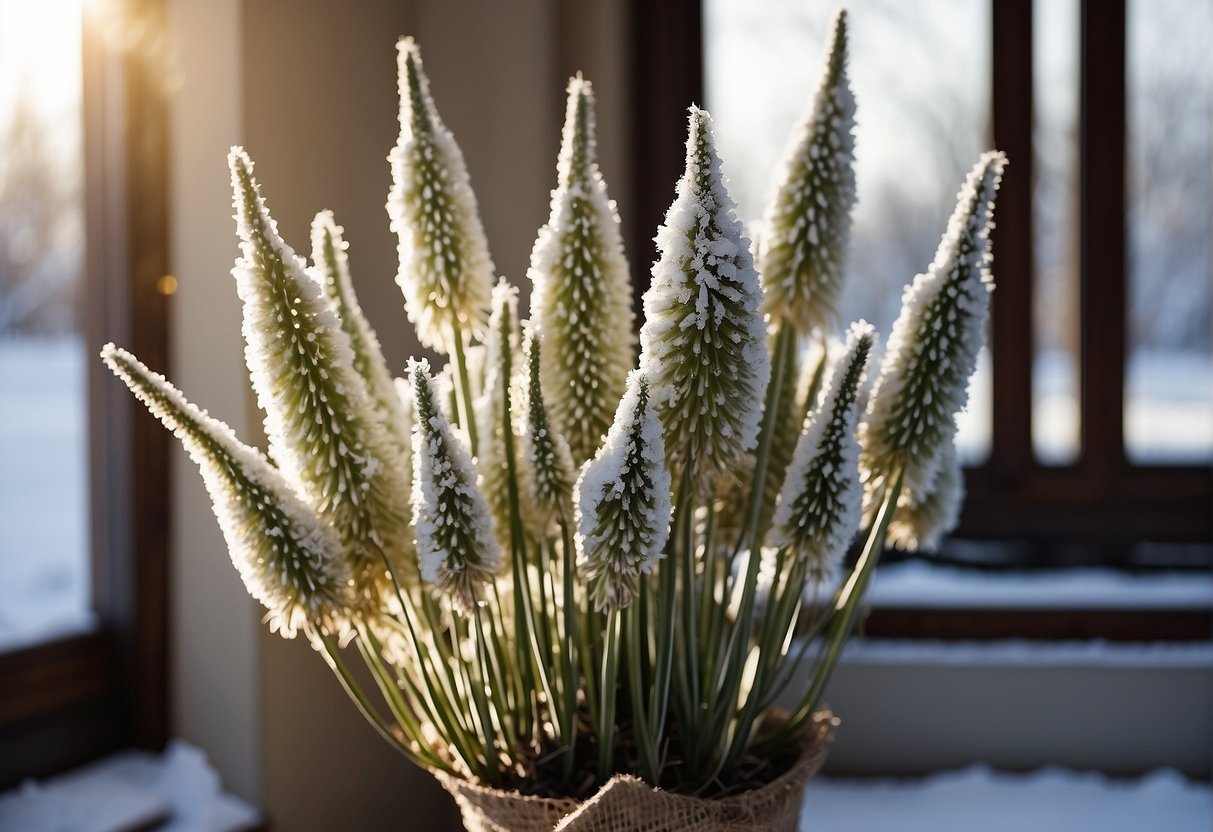 Yucca plants covered in snow, placed near a window for sunlight, wrapped with burlap for insulation