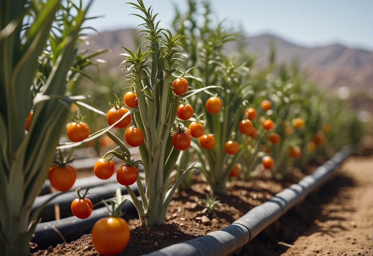 Tomato plants in Yucca Valley being watered and pruned, with stakes for support