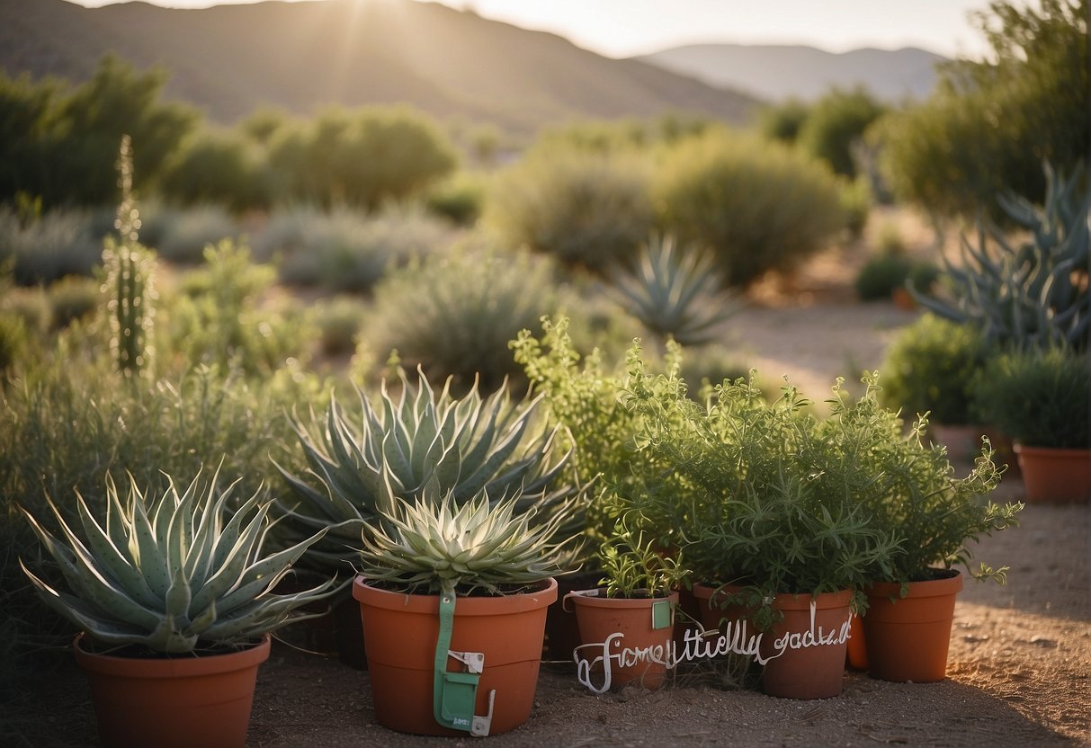 A garden with tomato plants in Yucca Valley, with a sign reading "Frequently Asked Questions: What should I do with my tomato plants?"