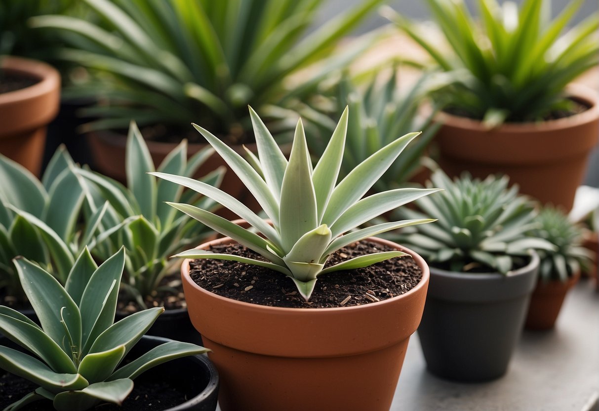 A small yucca plant in a small pot, trimmed and pruned, surrounded by other small potted plants