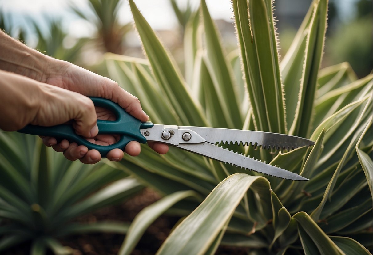 A pair of gardening shears trimming the top of a yucca plant, shaping it into a small and controlled size
