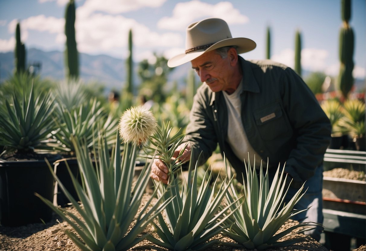 A customer carefully selects a healthy yucca plant from a display at a local garden center in Idaho
