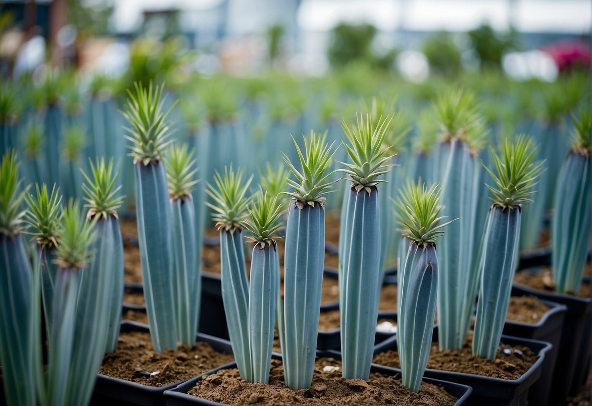 A garden center in South Jersey displays rows of vibrant blue yucca plants for sale. The plants are neatly arranged in pots, with price tags clearly displayed