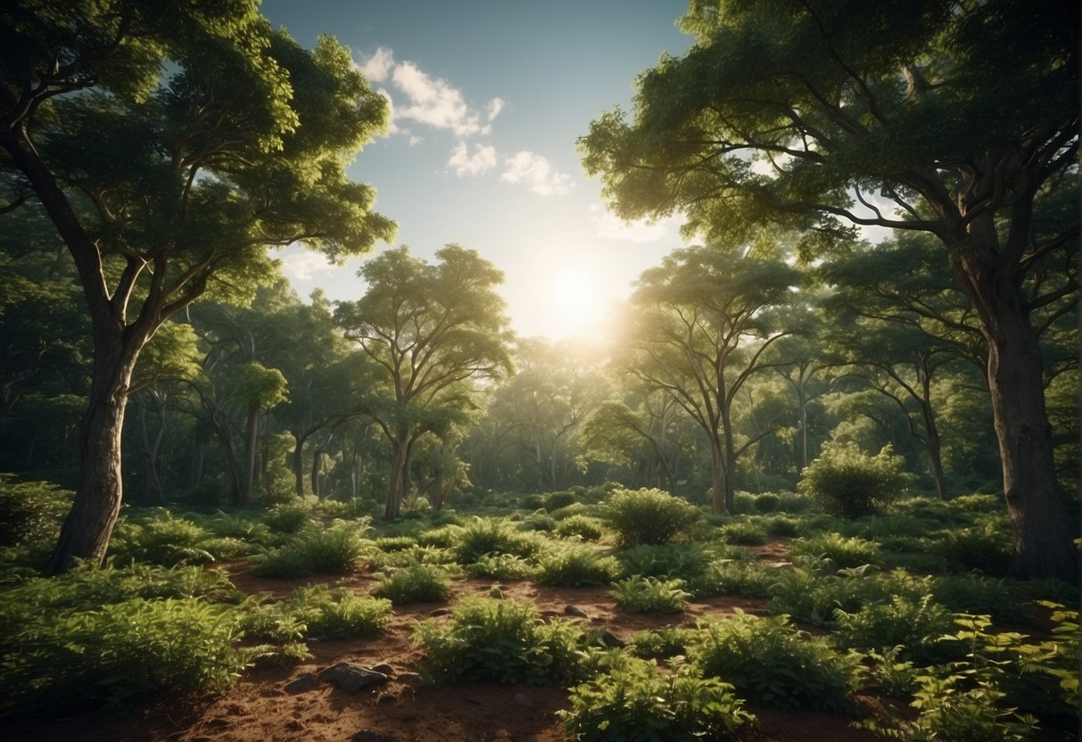 Lush green forest with wilting trees, parched ground, and animals seeking shade. Weather satellites orbiting above, monitoring changes