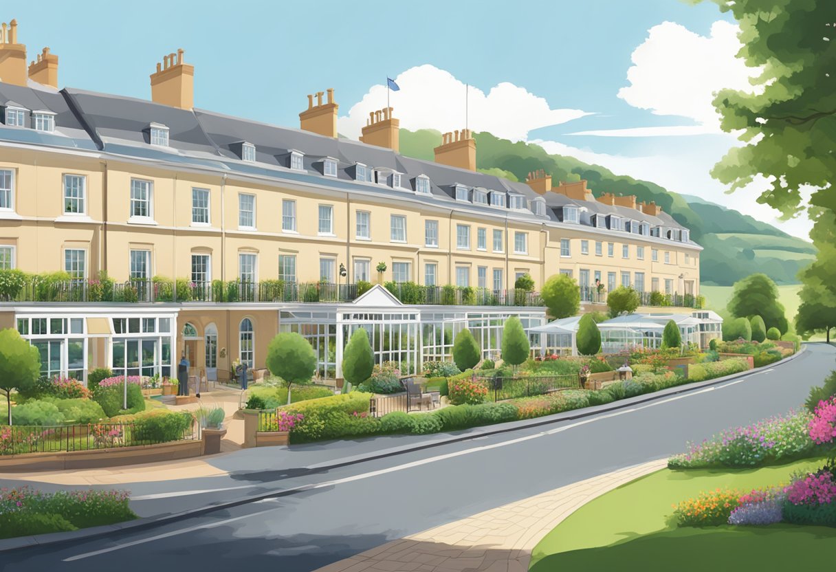 A row of hotels located near Cheltenham Racecourse, surrounded by lush greenery and a bustling atmosphere