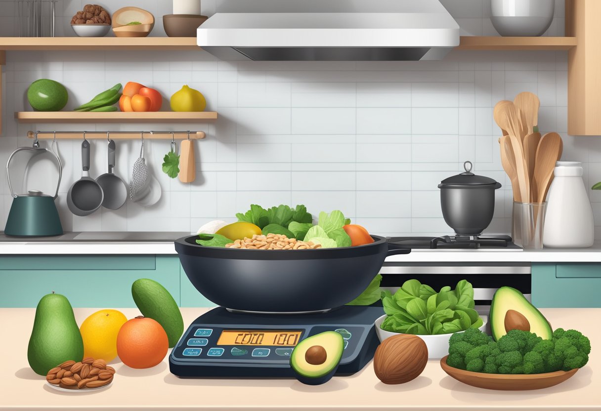 A kitchen counter with a variety of keto-friendly foods and ingredients, such as avocados, lean meats, leafy greens, and nuts, alongside a set of digital kitchen scales and a measuring tape