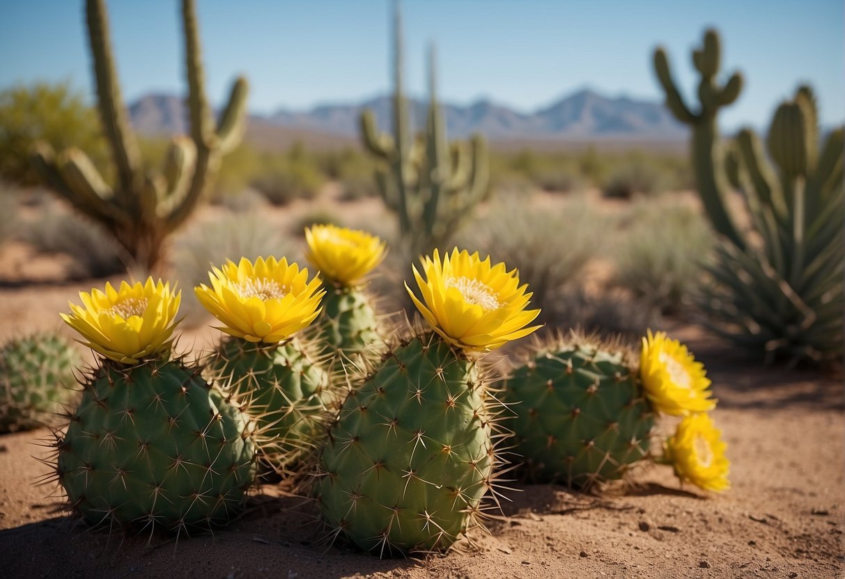 Prickly pears, yucca, and brittlebush thrive in a desert landscape. Their vibrant green hues contrast against the sandy soil, while their spiky leaves and delicate flowers add texture to the scene