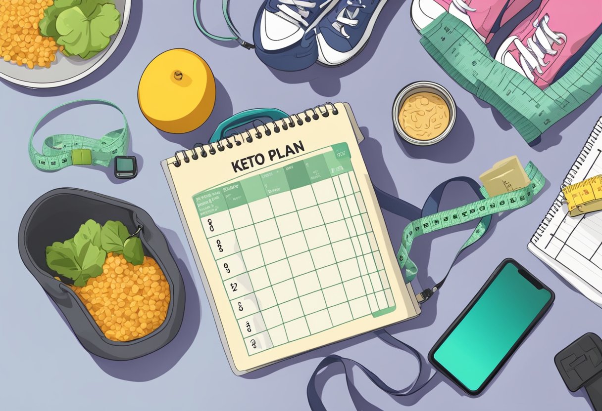 A table with a keto meal plan, a scale, and a tape measure. A gym bag and workout clothes are nearby