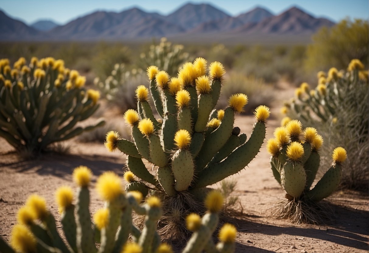 Prickly pears, yucca, and brittlebush dot the desert landscape, creating a vibrant and diverse plant scene