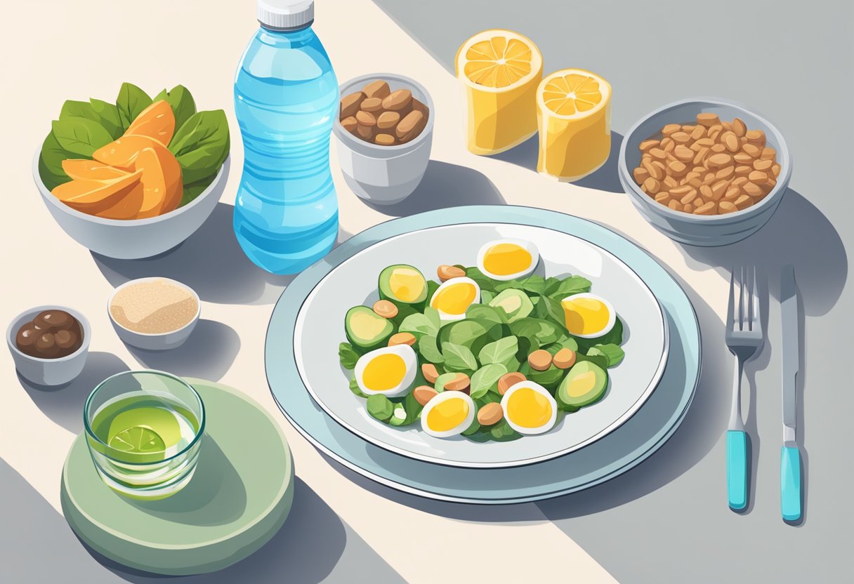 A bottle of water with electrolyte supplements sits next to a plate of keto-friendly foods, emphasizing the importance of hydration and electrolytes for weight loss on the keto diet