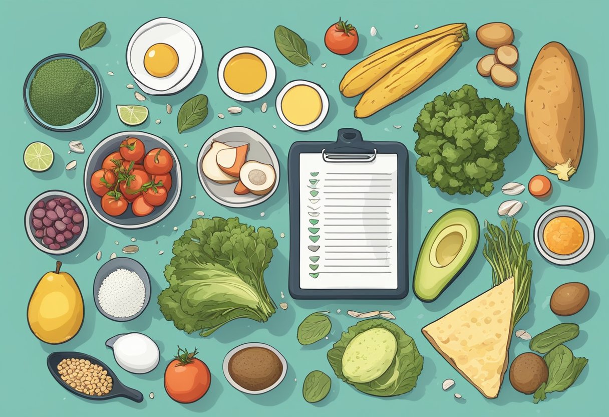 A kitchen counter with a variety of keto-friendly foods and ingredients, a scale for measuring portions, and a list of health considerations and risks related to the keto diet