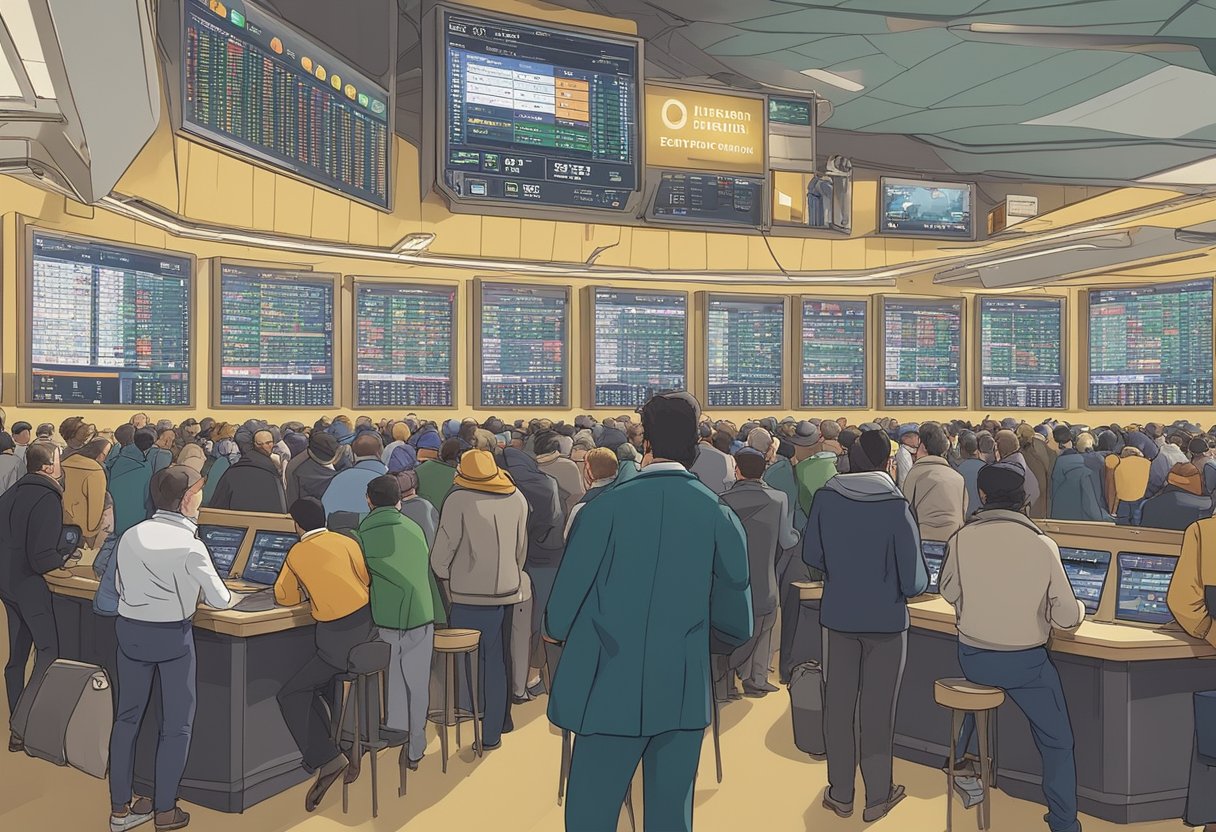 A crowded betting hall buzzes with excitement as punters study the 2024 Cheltenham Festival Betting Guide. Tension fills the air as they weigh their options, surrounded by screens displaying odds and race information