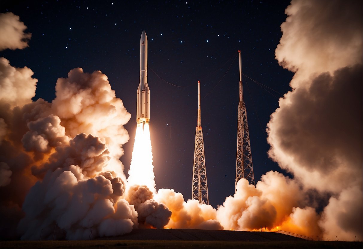 The Electron Rocket launches into the night sky, propelling small satellites into orbit with precision and power. The glowing flames and billowing smoke create a dramatic and awe-inspiring sight