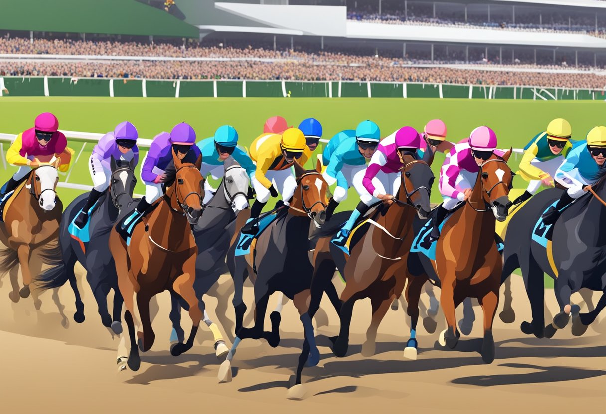 Excited fans cheer as horses thunder down the track at the 2024 Cheltenham Festival, with colorful jockeys racing towards the finish line