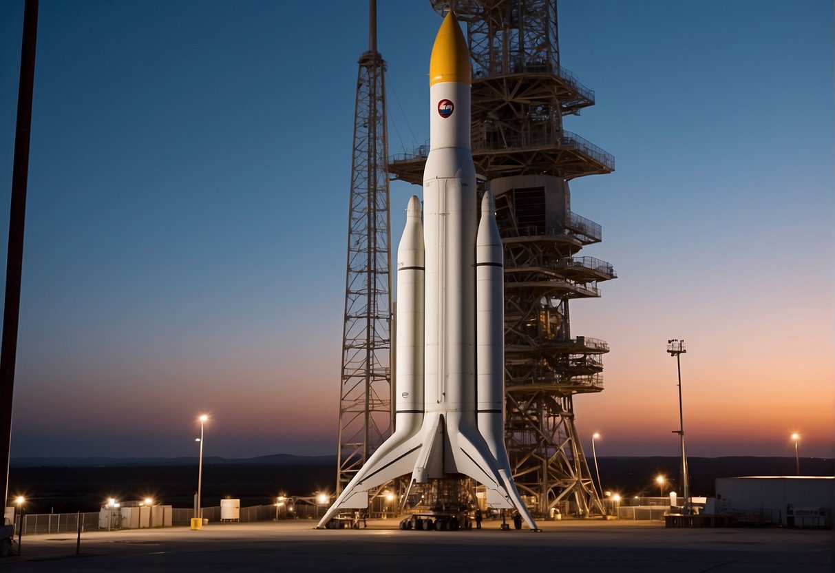 The Electron rocket stands tall on the launch pad, surrounded by infrastructure and support equipment. The sky is clear, with a hint of sunrise in the background