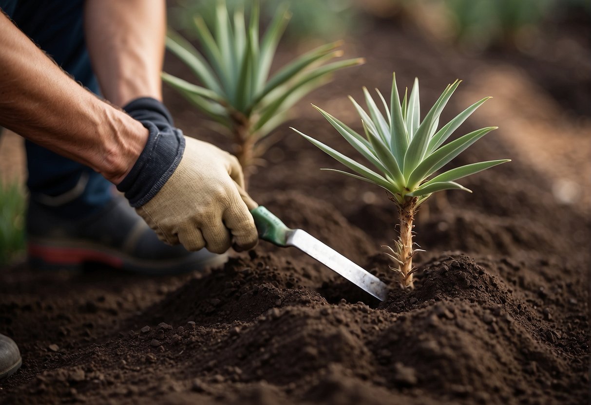 A yucca plant being potted with soil and a gardener's hand holding a trowel
