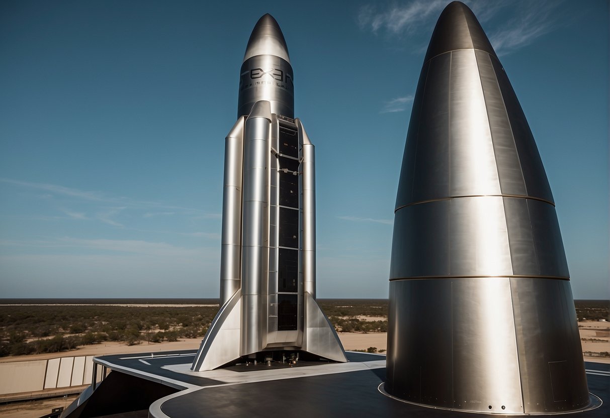 The SpaceX Starship stands tall on the launch pad, ready for its next mission to the moon or Mars. The sleek, metallic spacecraft gleams in the sunlight, with its powerful engines poised for liftoff