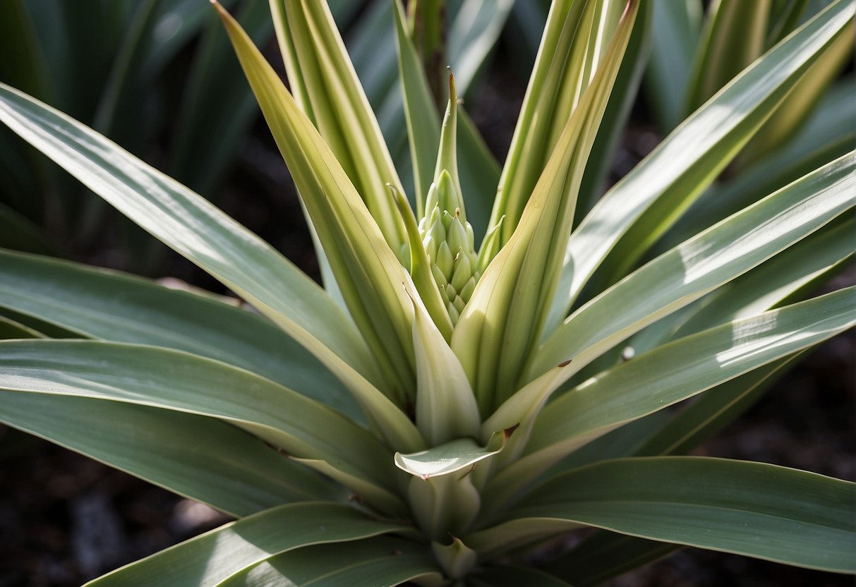 Yucca plant with brown spots, surrounded by healthy leaves