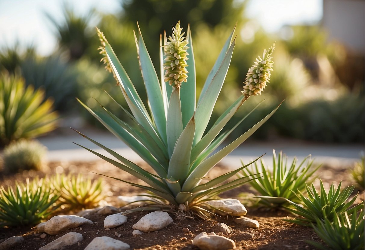 A yucca plant with brown spots, surrounded by other healthy plants in a well-lit garden setting