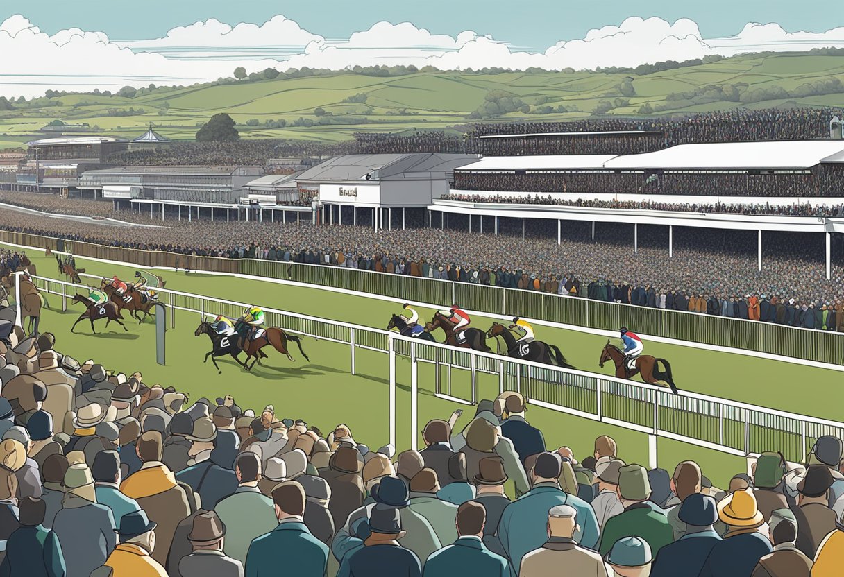 A crowded Cheltenham Festival racecourse with bookmakers' stands offering event-specific betting opportunities. Excited punters place bets while horses thunder down the track