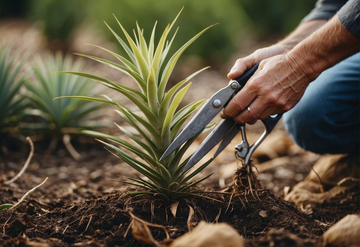 A yucca plant being pruned back, with a pair of gardening shears cutting away dead or overgrown leaves