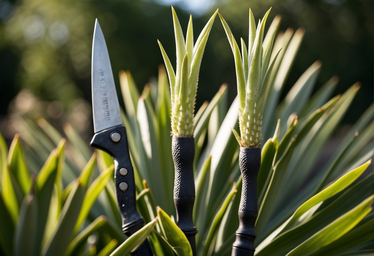 A pair of yucca plants being pruned with gardening shears. The plants are healthy and vibrant, set against a backdrop of green foliage