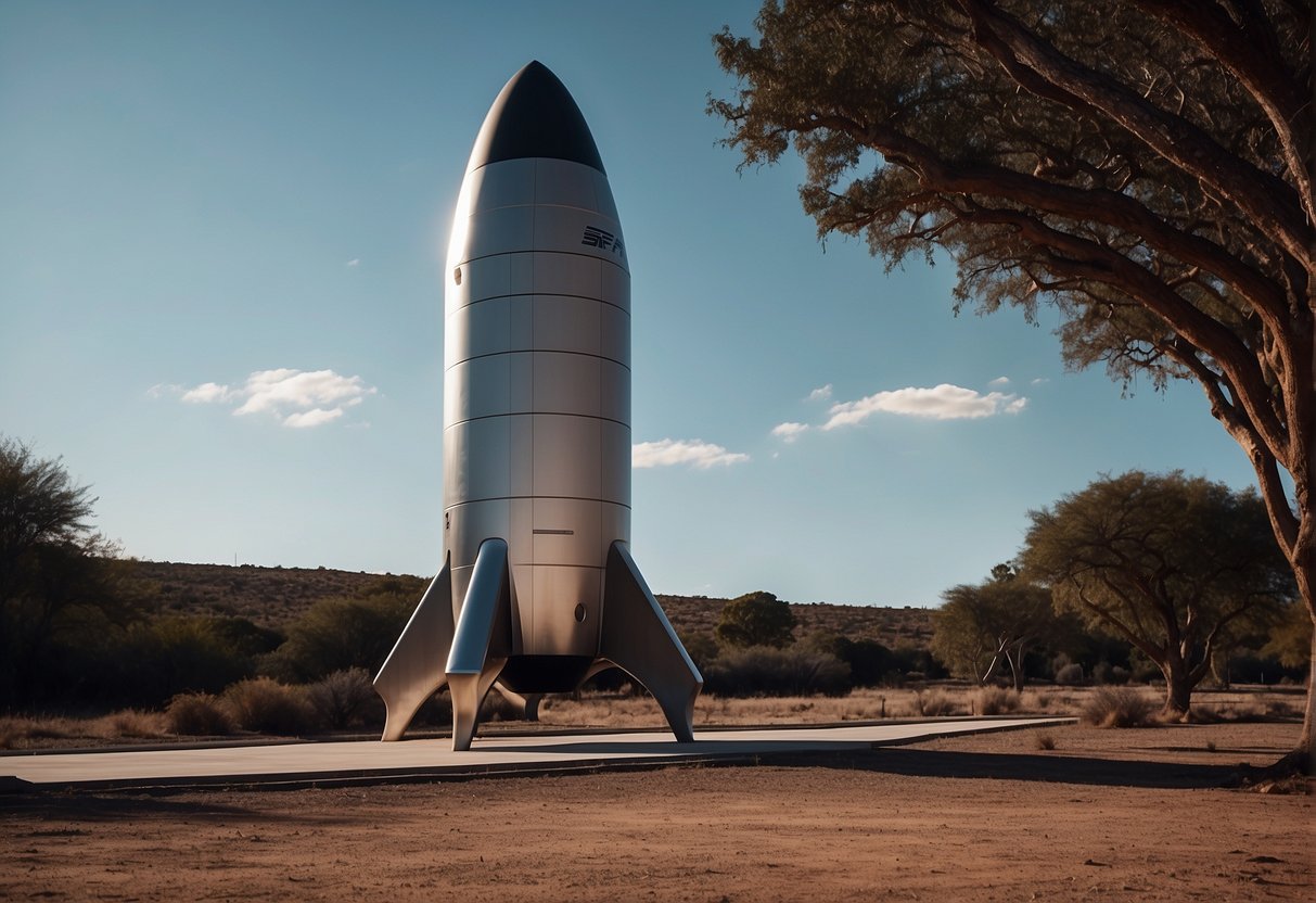 SpaceX's Starship stands tall on a launch pad, with the moon and Mars in the background. The rocket's sleek design and futuristic features are highlighted, showcasing its potential for lunar and Martian missions