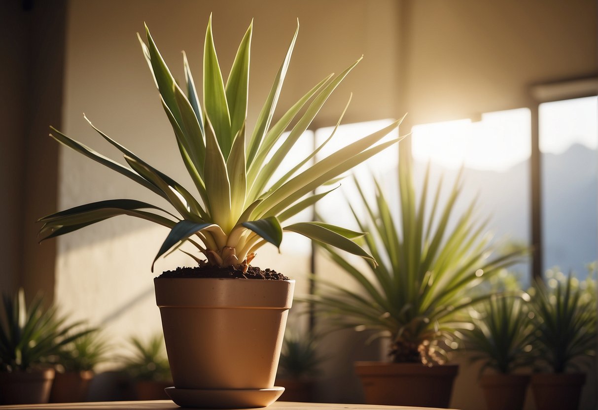 A yucca plant stands tall in a sunlit room, surrounded by well-draining soil and receiving indirect sunlight. It is watered sparingly, with its leaves wiped clean of dust