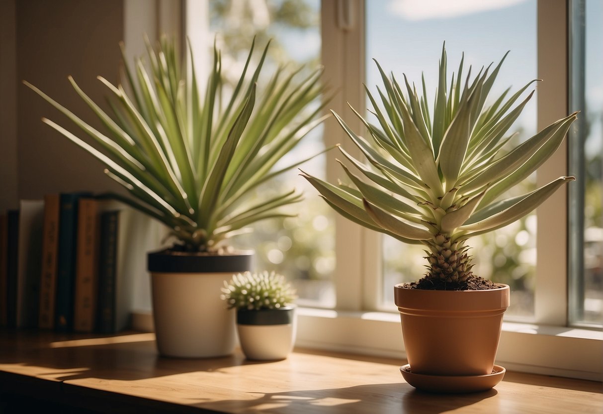 A yucca plant sits in a bright room, surrounded by sunlight. A watering can and pruning shears are nearby, along with a care guide open to the "Frequently Asked Questions" page