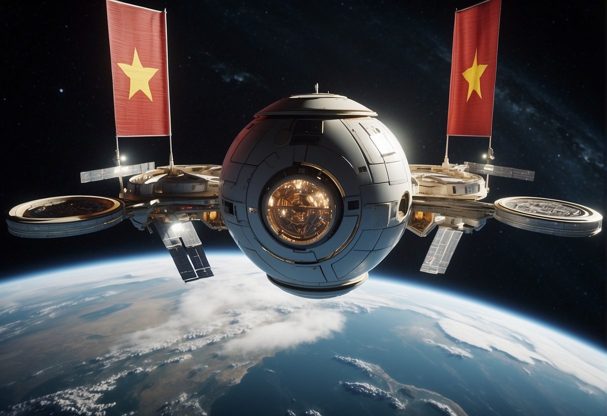 A sleek, futuristic space station orbits Earth, adorned with Chinese flags and advanced technology, symbolizing global cooperation in space exploration