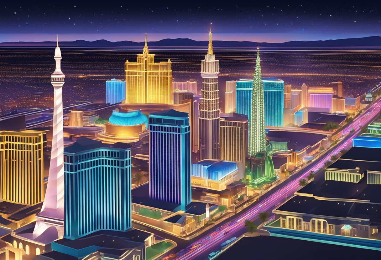 Bright lights of the Las Vegas strip illuminate the night sky, casting a colorful glow over the bustling streets and towering casino buildings