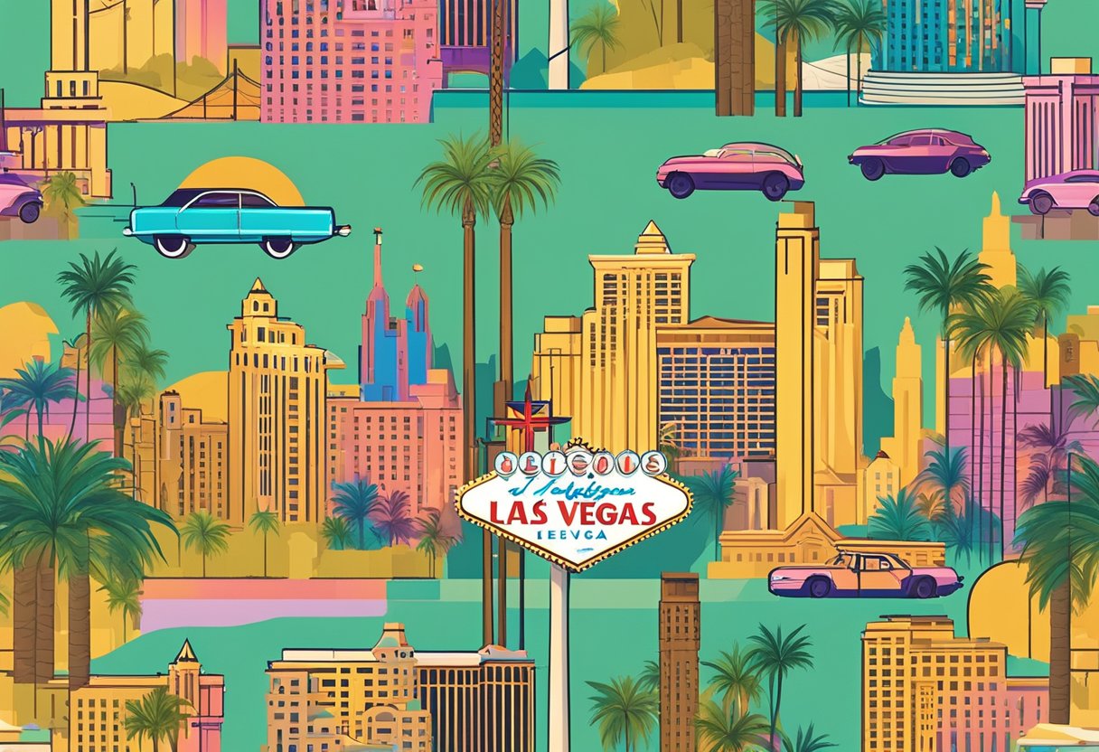 A vibrant cityscape with iconic Las Vegas landmarks, palm trees, and a backdrop of the desert landscape. The scene is filled with bright lights, bustling streets, and a sense of excitement and entertainment