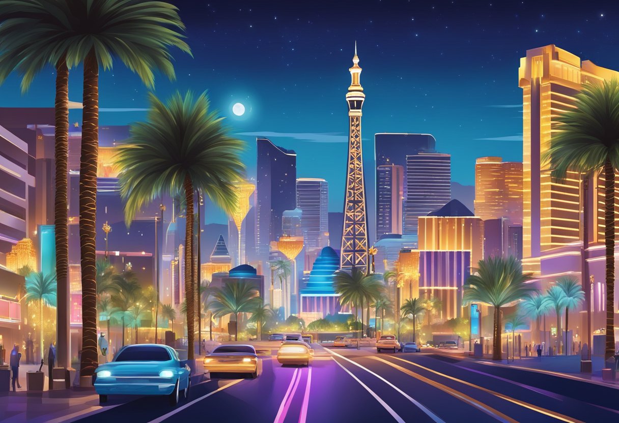 The bright lights of the Las Vegas Strip illuminate the night sky, while luxurious high-rise buildings and palm trees line the streets, creating a vibrant and dynamic cityscape