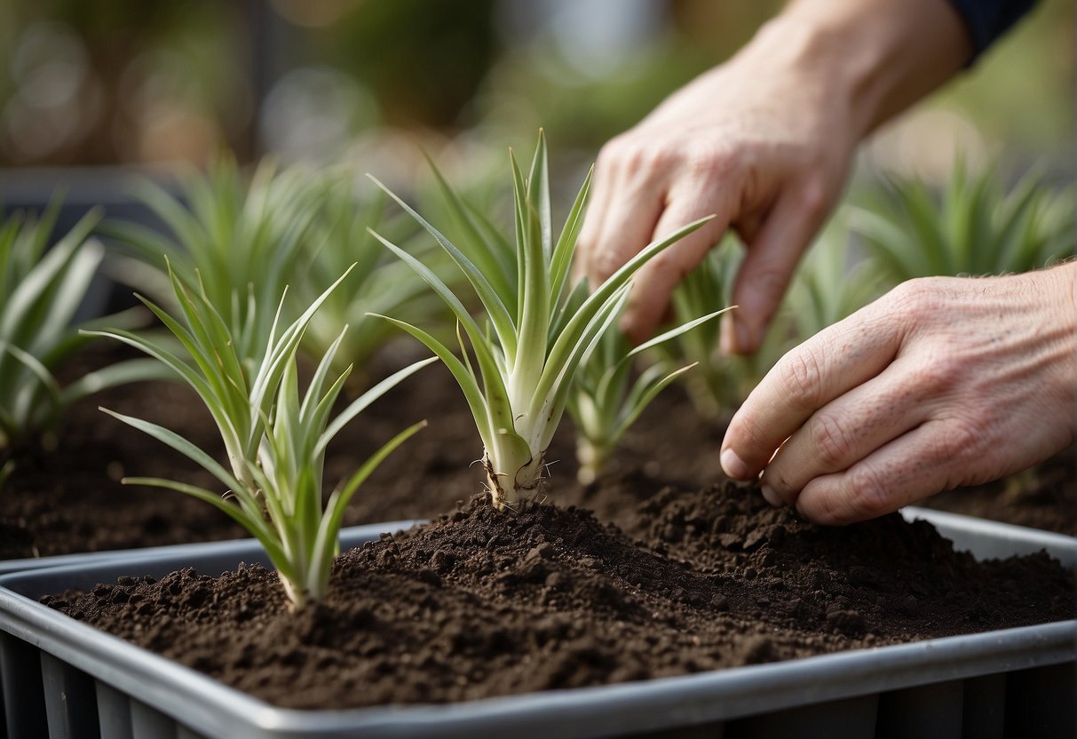Yucca plants being transplanted into fresh soil and larger pots