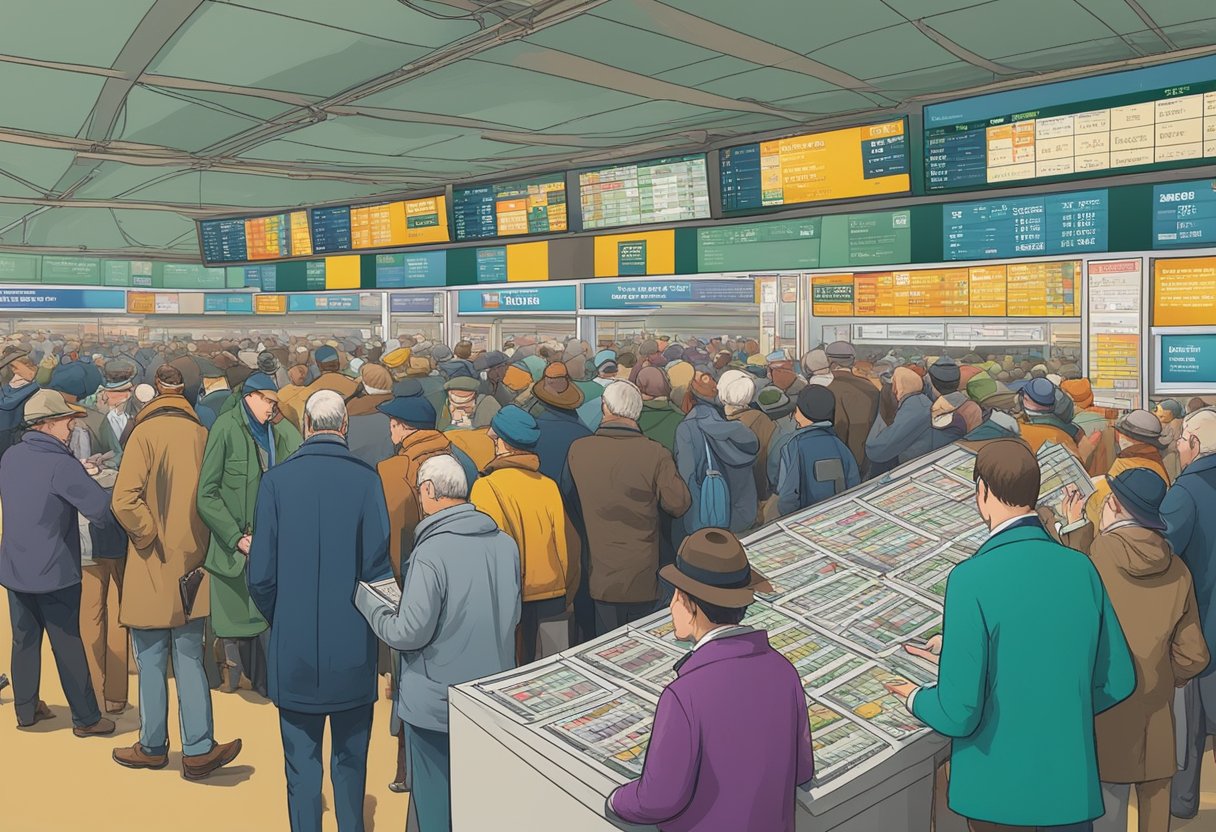 A crowded betting market with various bookmakers' booths, displaying Cheltenham Festival odds and promotions. Excited punters examining betting slips and exchanging money