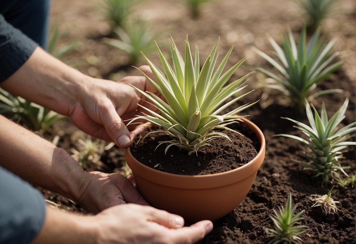 A yucca plant being carefully uprooted and transferred to a new pot, with a person holding the plant's base and gently placing it into fresh soil