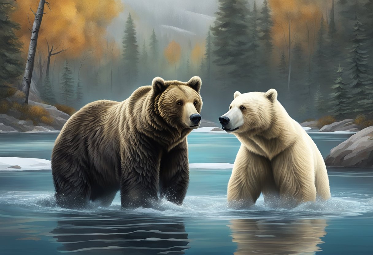 A grizzly bear stands on its hind legs, while a polar bear swims in icy waters and a black bear forages for food in a forest