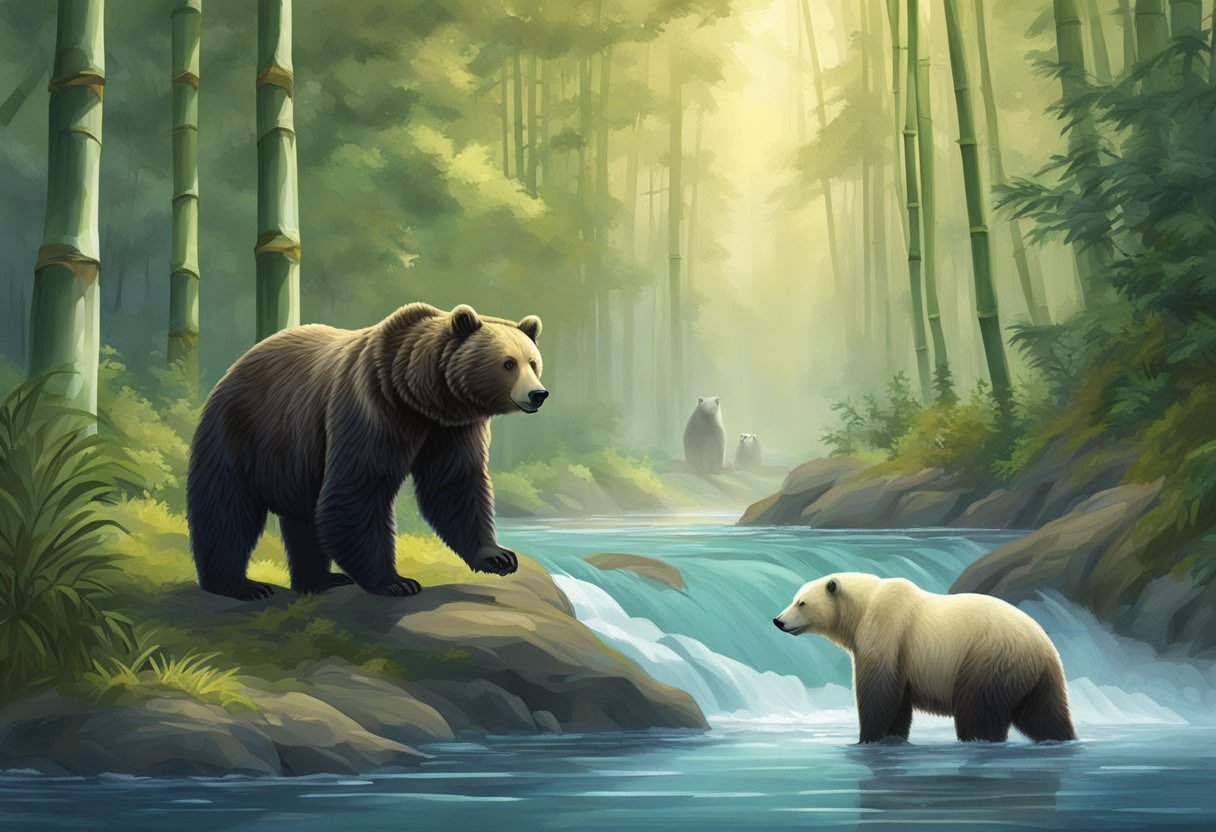 A grizzly bear stands on its hind legs, while a polar bear swims in icy waters. A black bear forages for food in a forest, and a giant panda munches on bamboo in a lush bamboo forest