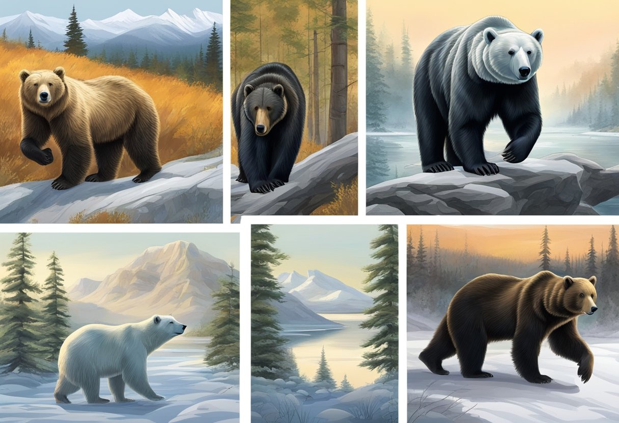Bears roam across various landscapes: polar bears in the Arctic, brown bears in forests, and black bears in North America