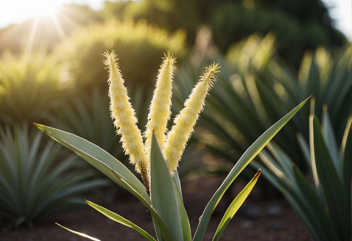A yucca plant wilting and turning yellow, surrounded by a backdrop of greenery and sunlight