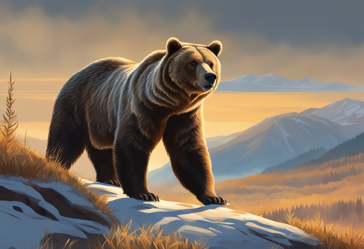 A grizzly bear stands on its hind legs, towering over the surrounding landscape. Its thick fur shimmers in the sunlight, and its sharp claws are clearly visible