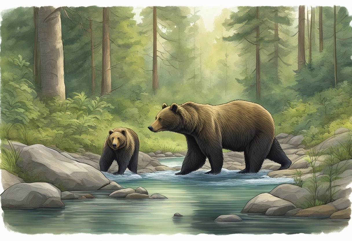 A bear forages for food in a lush forest, while another bear fishes in a tranquil stream