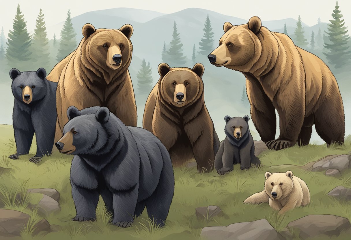 A group of bears of varying species stand side by side, each labeled with their conservation status: vulnerable, endangered, and critically endangered