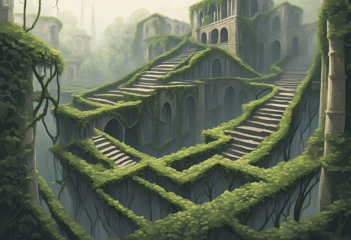 A foggy maze of tangled vines and crumbling ruins, evoking a sense of both memory and anxiety