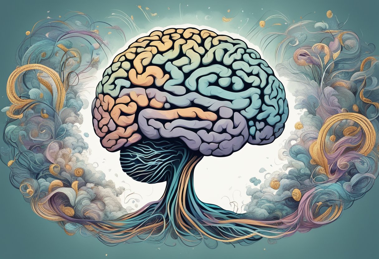 A brain surrounded by swirling thoughts and memories, symbolizing the connection between memory and anxiety